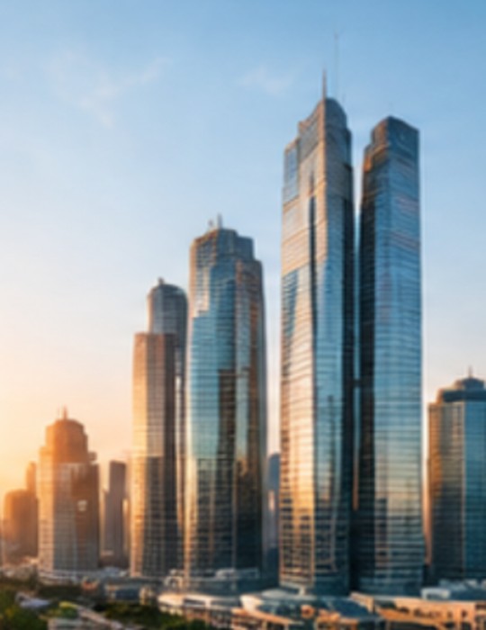 Modern financial district skyscrapers at golden hour