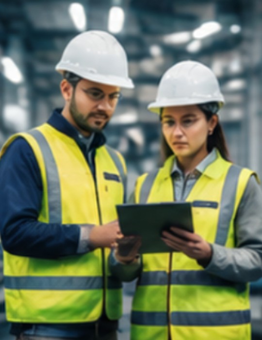 Two engineers in hardhats and safety vests reviewing a tablet on the plant floor