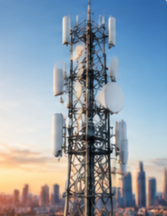 Telecommunications tower silhouetted against a sunset city skyline
